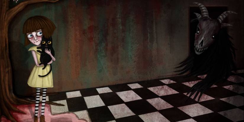 Fran Bow and Mister Midnight hiding from a demonic, shadowy figure in a dark, bloody hallway