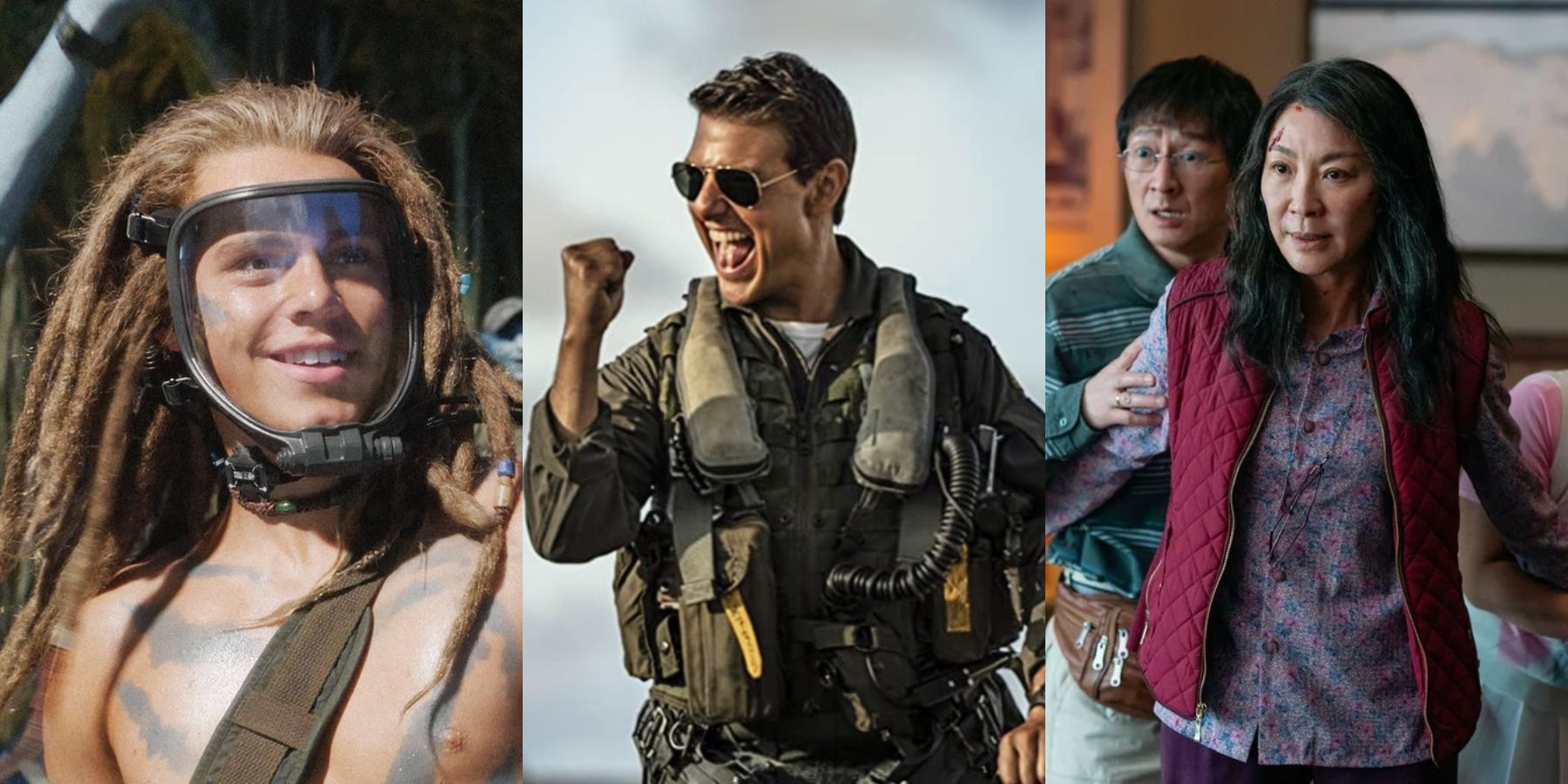 Spider from Avatar 2, Tom Cruise in Top Gun Maverick and Everything Everywhere All at Once family split image