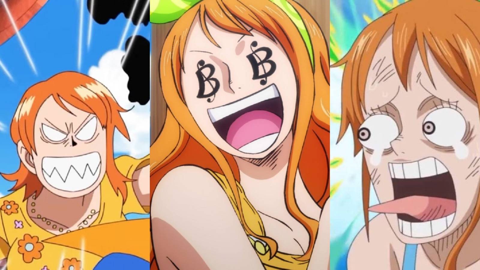 Split image of Nami's angry, greedy, and scared face faults from One Piece