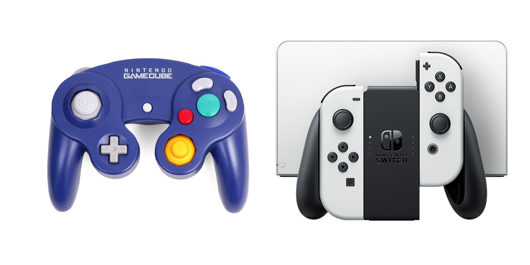white background with a gamecube controller on the left and switch oled model on the right