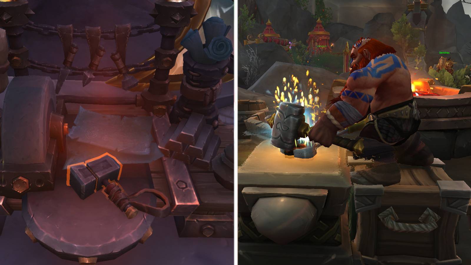 A Blacksmith Dwarf creates beside a Blacksmith workbench as seen in World of Warcraft Dragonflight