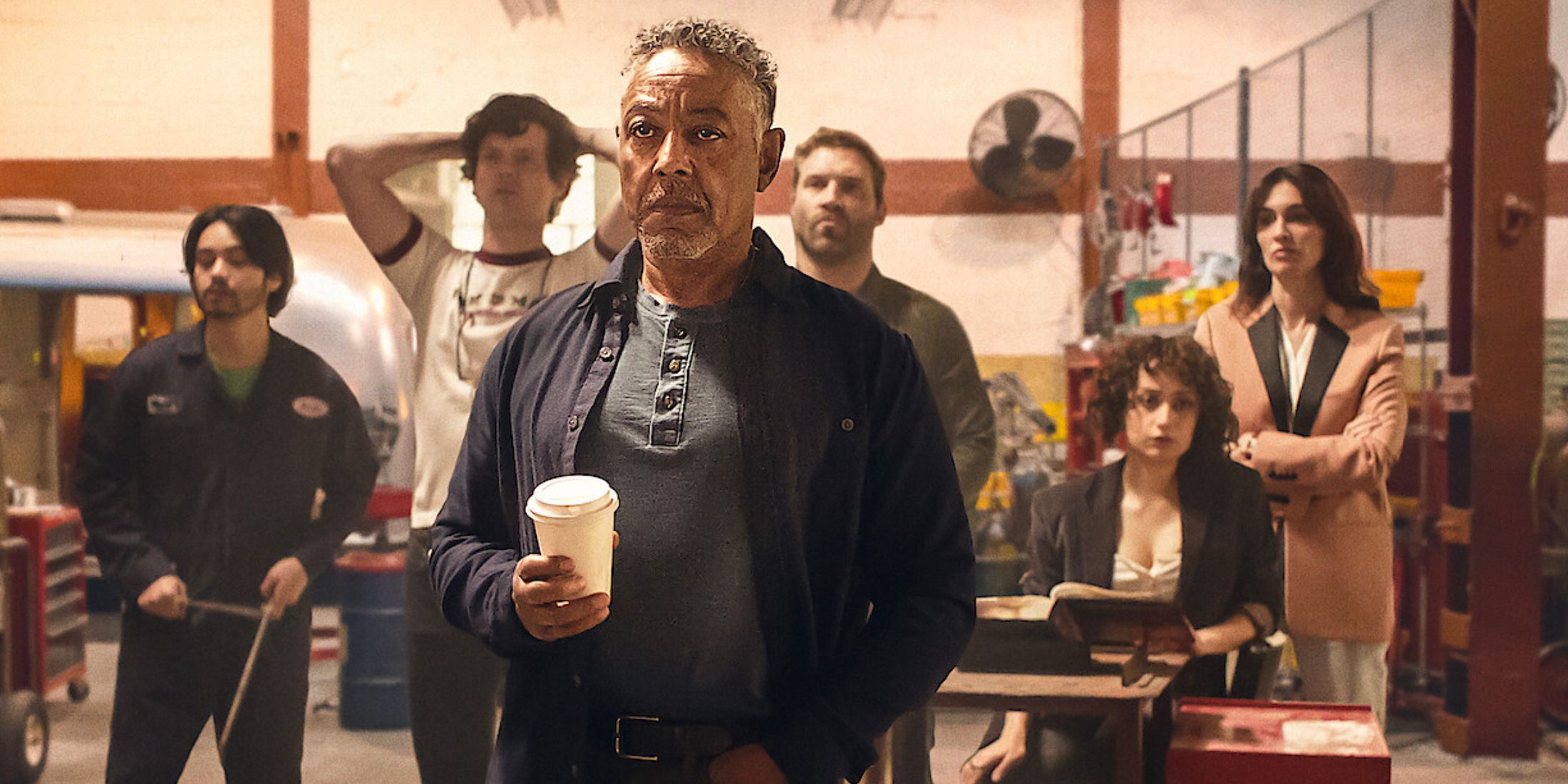Giancarlo Esposito at the front of the heist team in Kaleidoscope