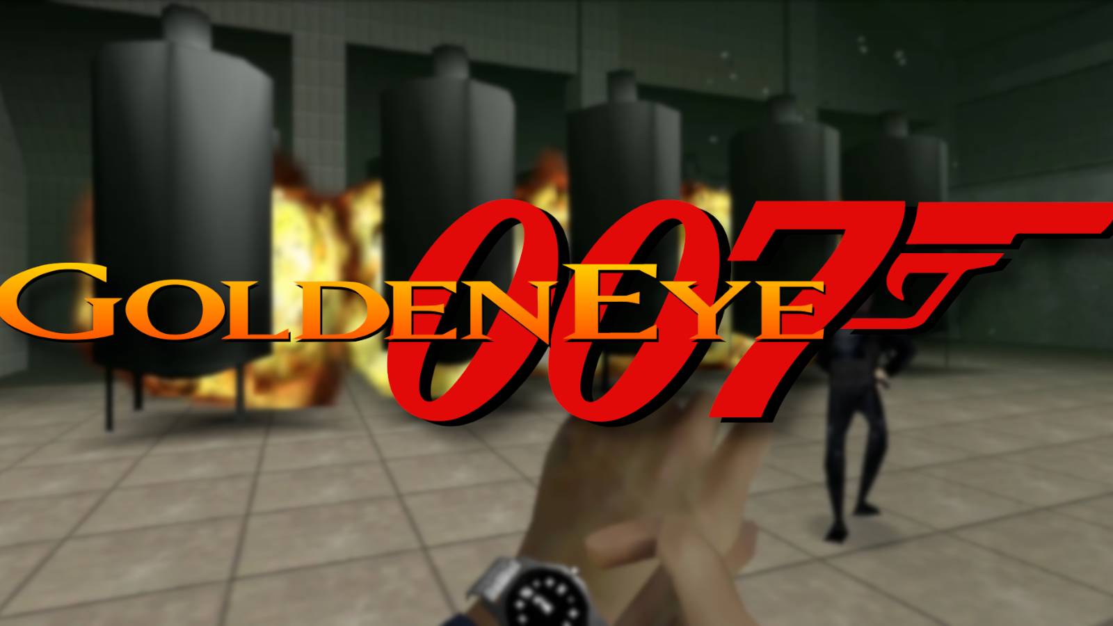 Logo for GoldenEye 007 on N64 with Alec Trevelyan running towards some exploding tanks in the background.