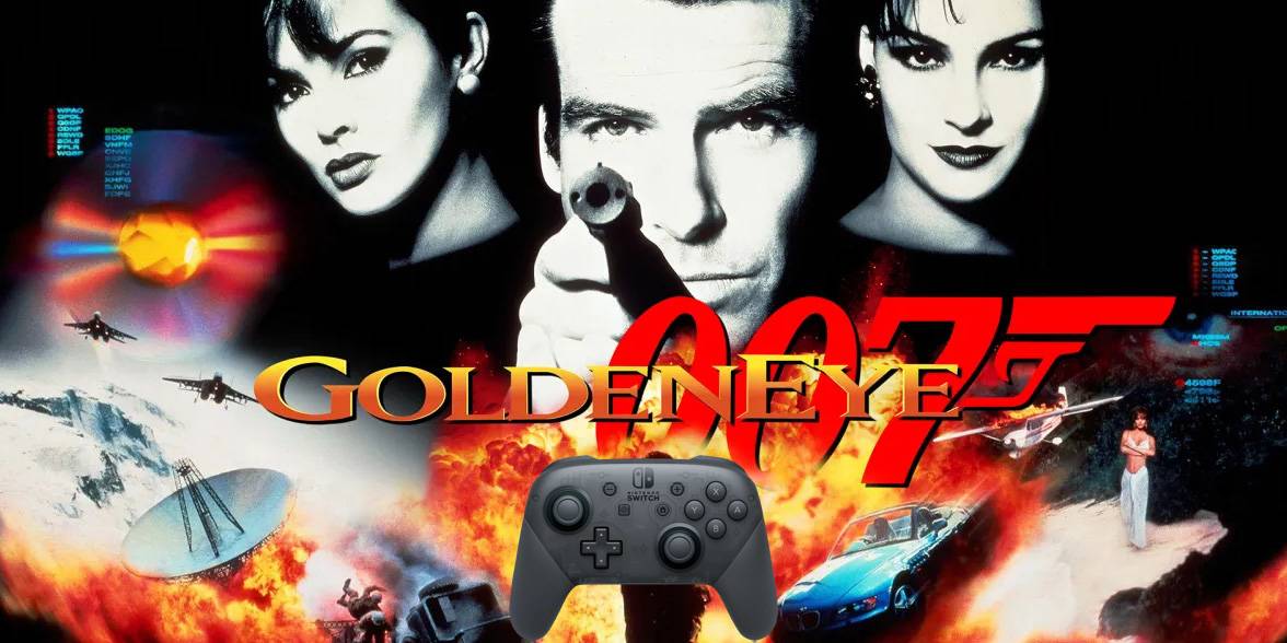 goldeneye 007 box art with a switch pro controller on the bottom middle