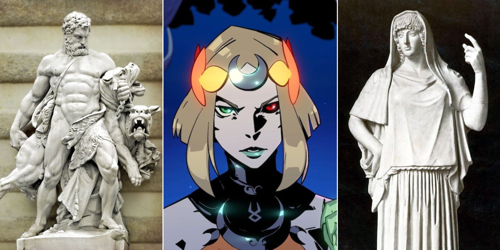 Split image of a heracles sculpture, melinoe from hades 2 and a hestia sculpture