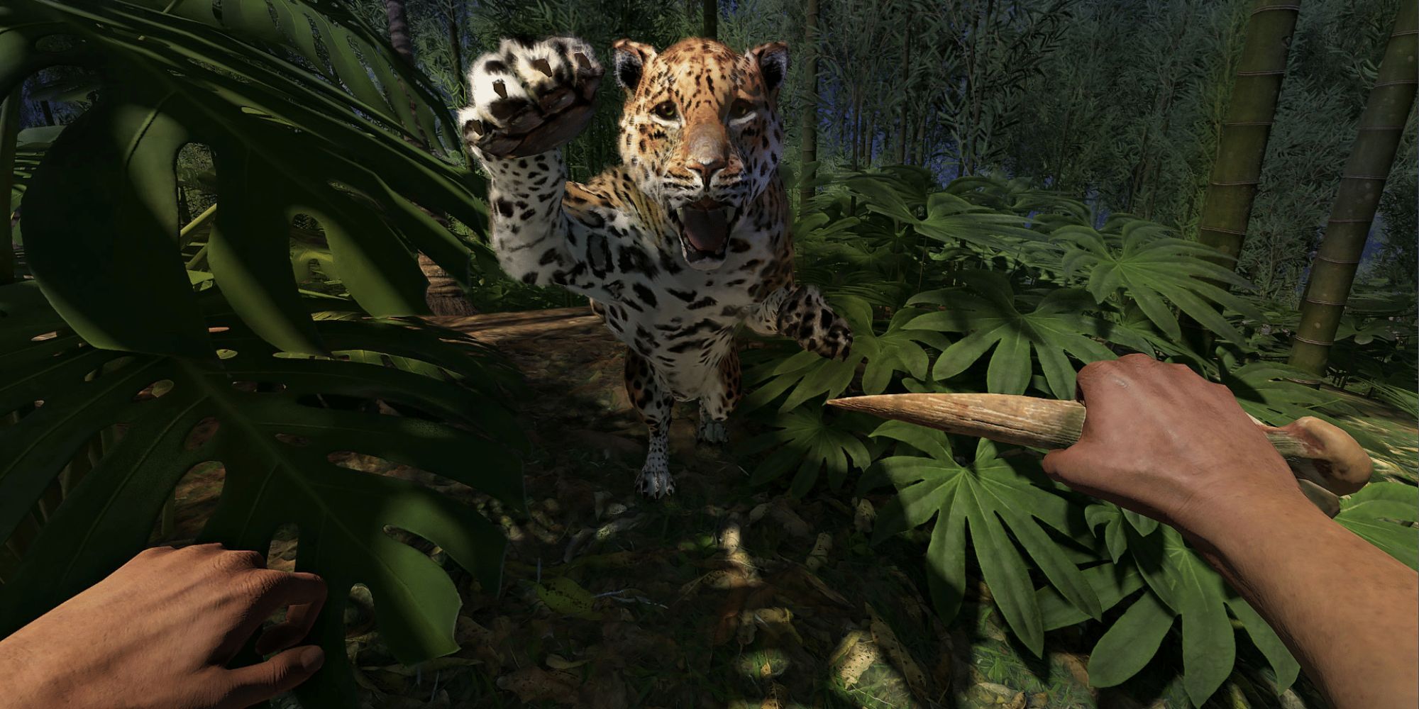 A player being attacked by a Jaguar in Green Hell VR
