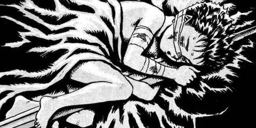 Guts sleeping with his sword in Berserk