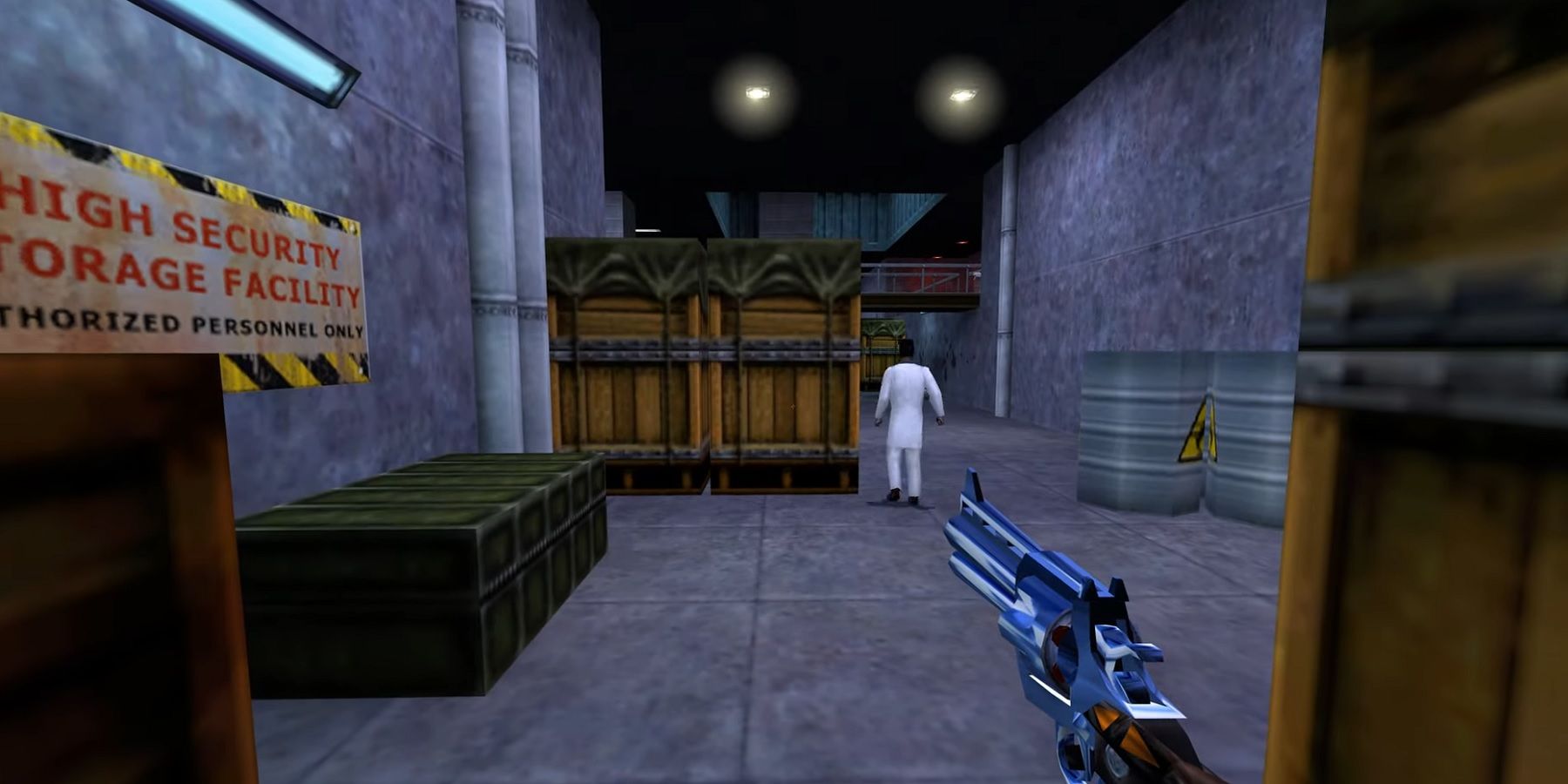 Image de Half-Life montrant un scientifique caché derrière des boîtes.