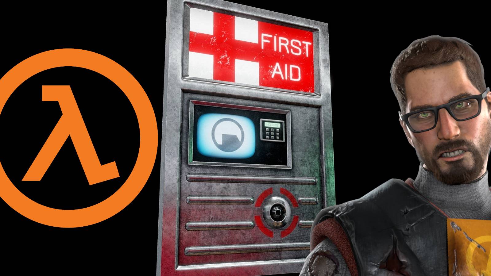 An image of Gordon Freeman next to the Half-Life logo and a healing station.
