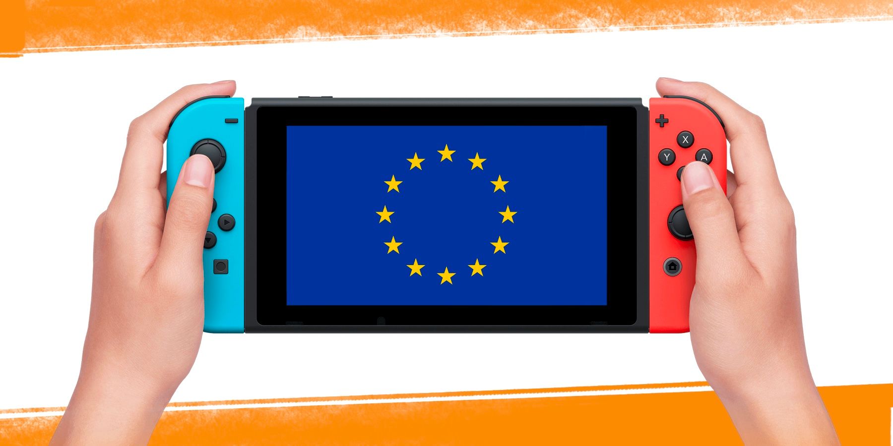 mains tenant Nintendo Switch avec le drapeau de l'Union européenne composite GR
