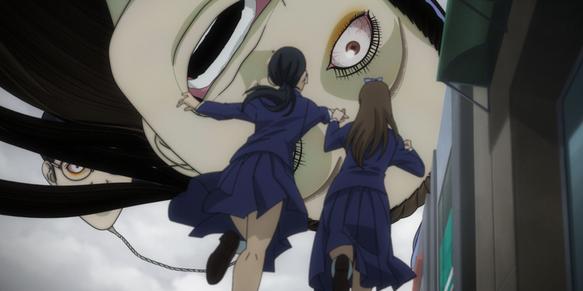 Anime - two girls in high school uniforms are ambused by a seemingly giant floating head