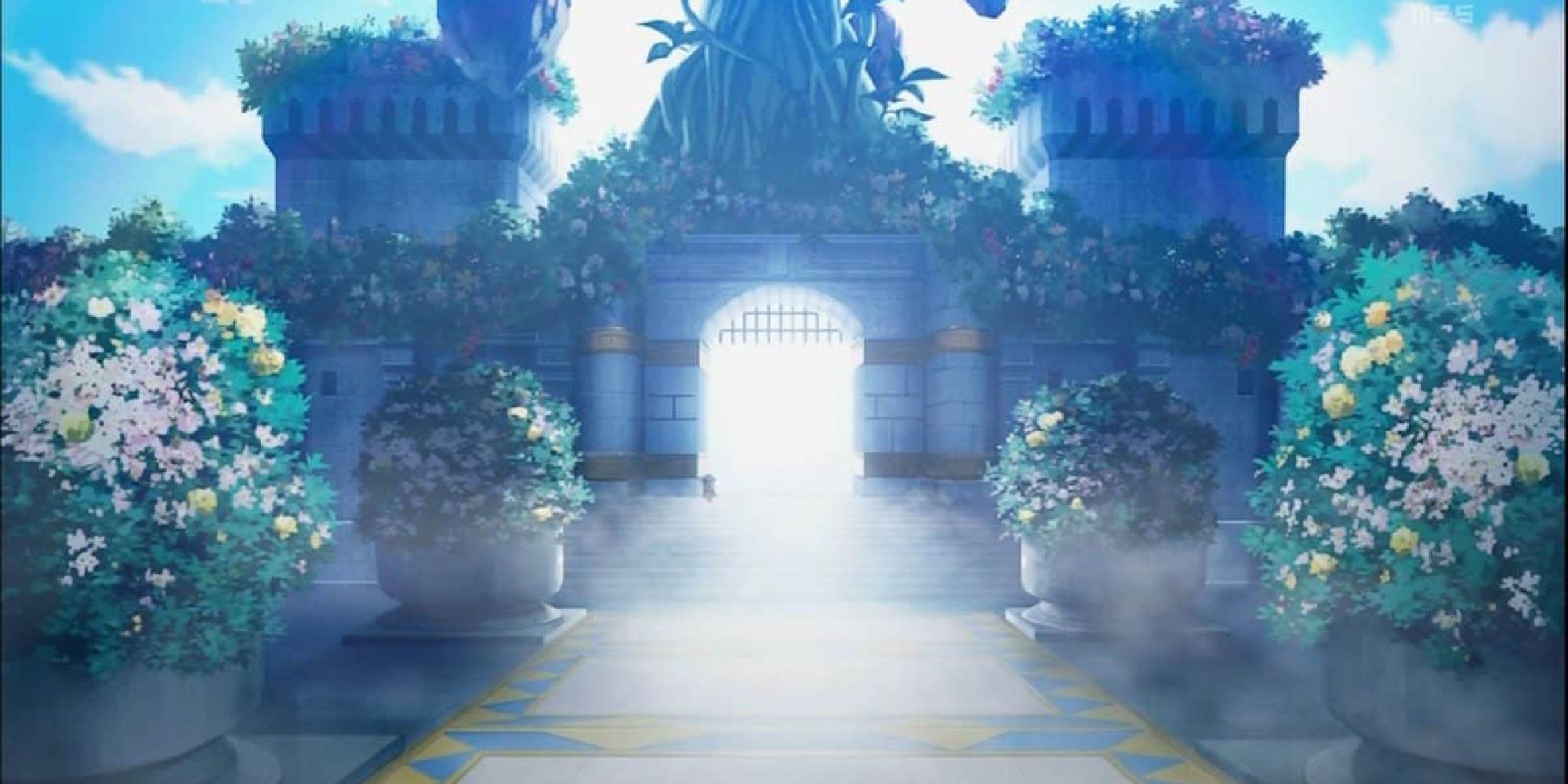 The heavenly gates to Nanako's dungeon, complete with a marble floor and flowery hedges leading towards the light.