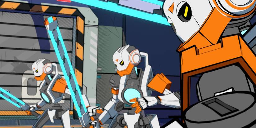 hi fi rush 3 robots standing next to each other with weapons out 