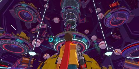 hifi rush chai looking up at a structure 