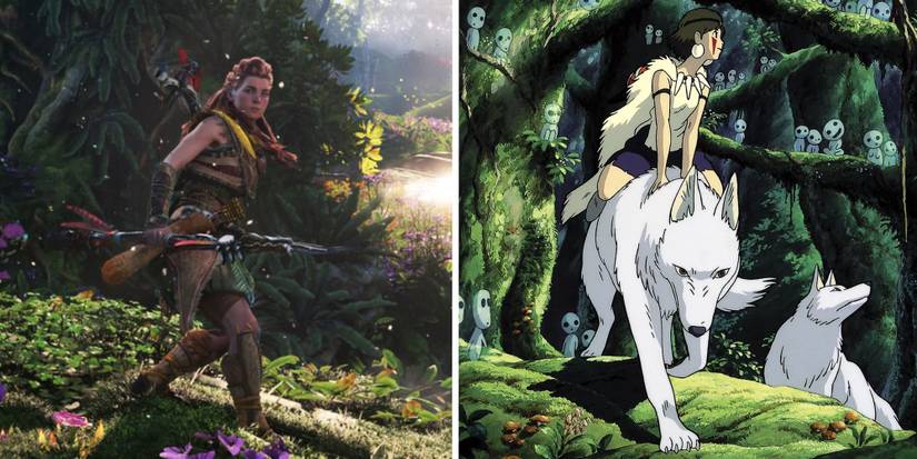 Aloy in Horizon Forbidden West and scene from Princess Mononoke 