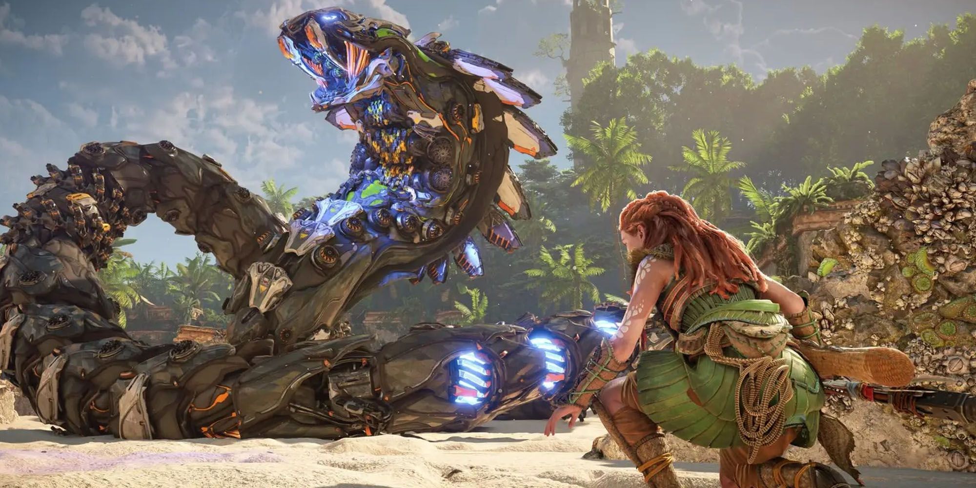 Aloy fighting a Slitherfang in Horizon Forbidden West