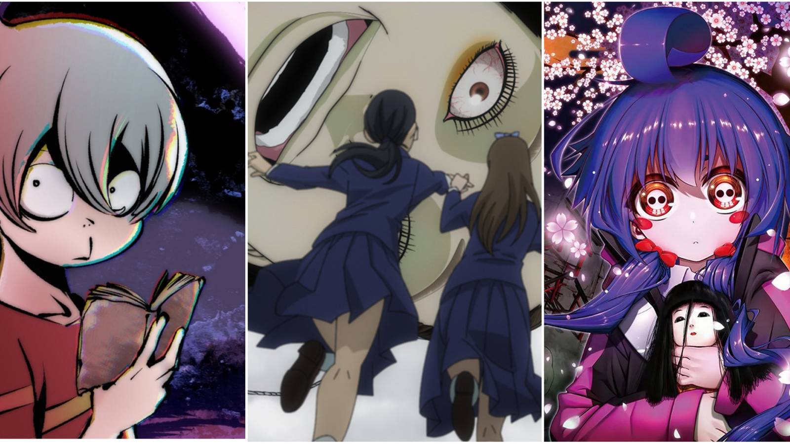 Three-way split grid of screenshots from Akuma-Kun, Junji Ito Maniac, and Dark Gathering