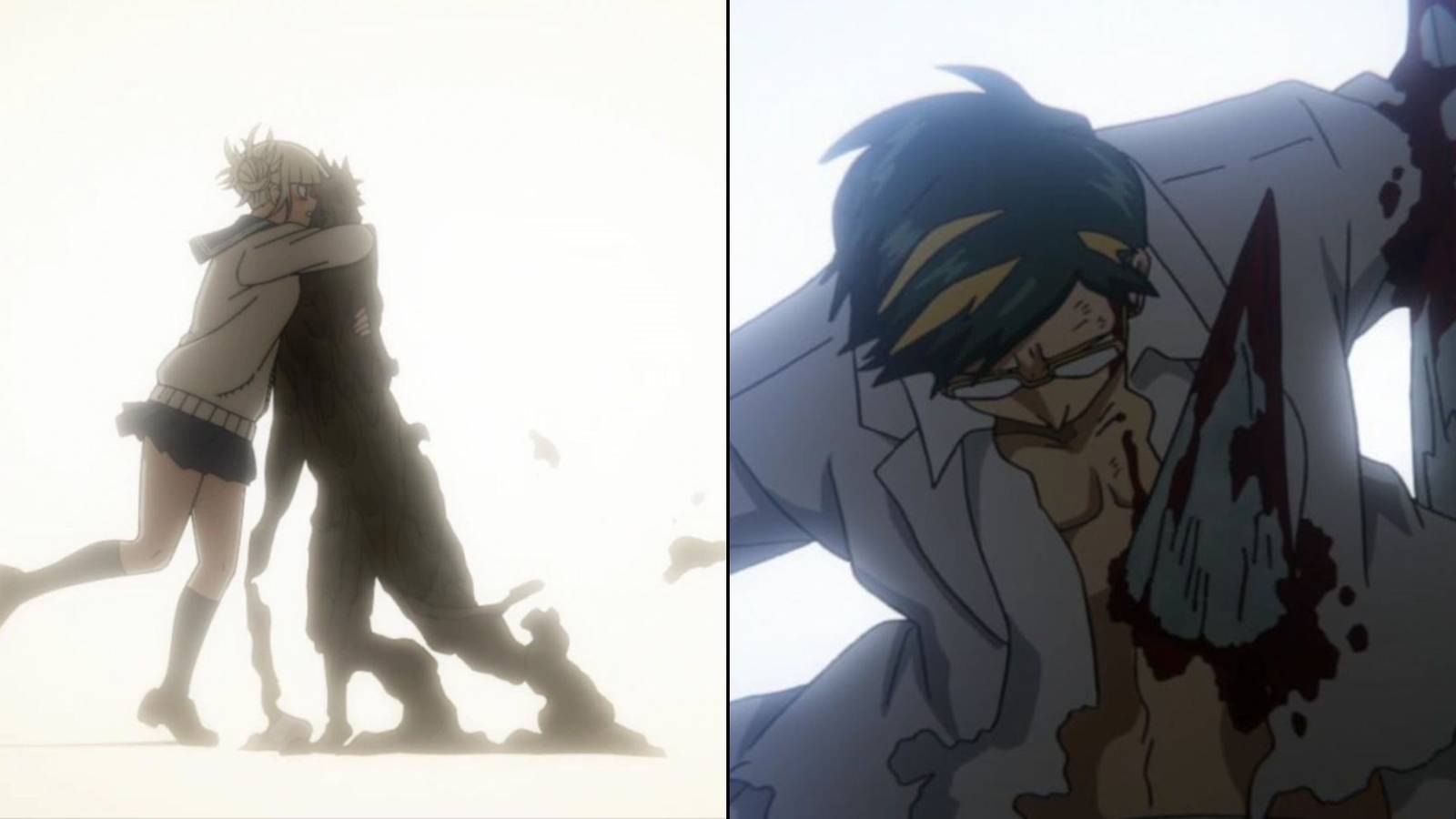 split image of himiko toga hugging a melting twice clone and sir nighteye being impaled by spikes