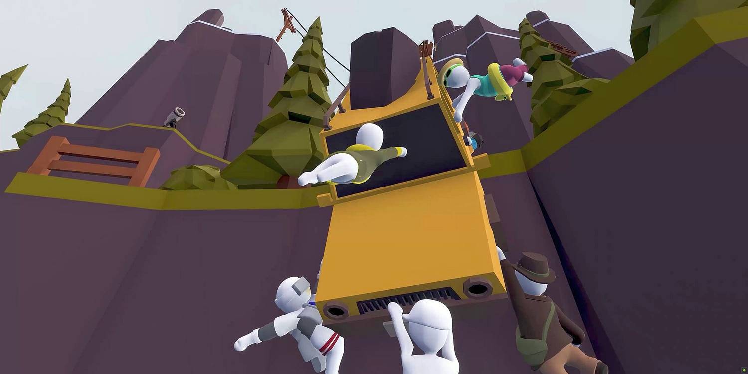 Humans hanging off of a car that is falling off a cliff in Human Fall Flat