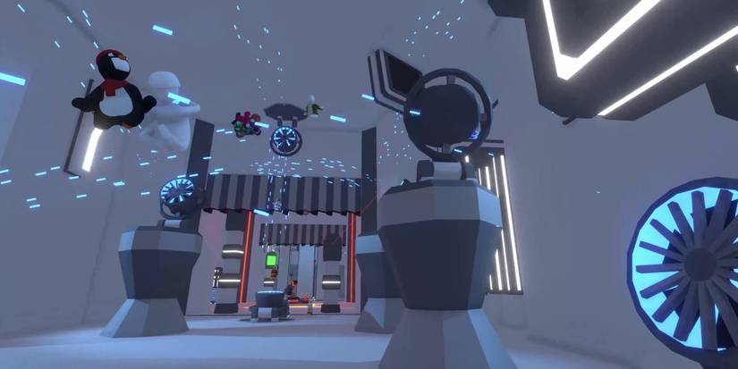 A room filled with fans bouncing humans around in Human Fall Flat