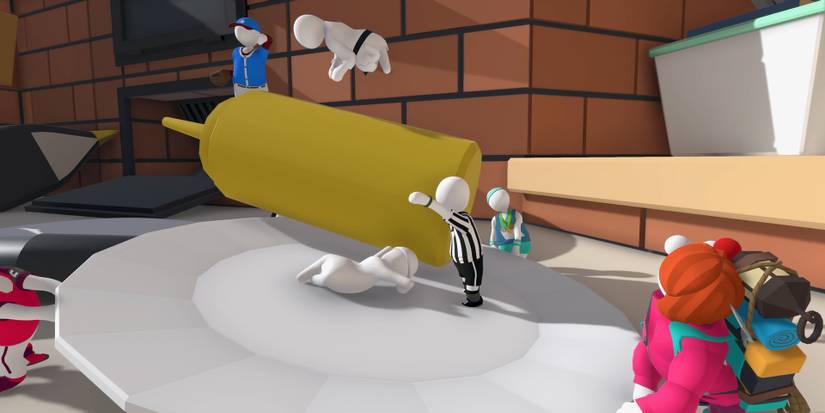 Humans climbing on giant mustard in Human Fall Flat