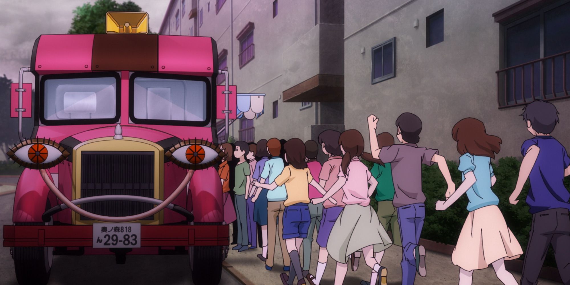 Anime - children lining up at a pink ice cream truck with cartoon eyes