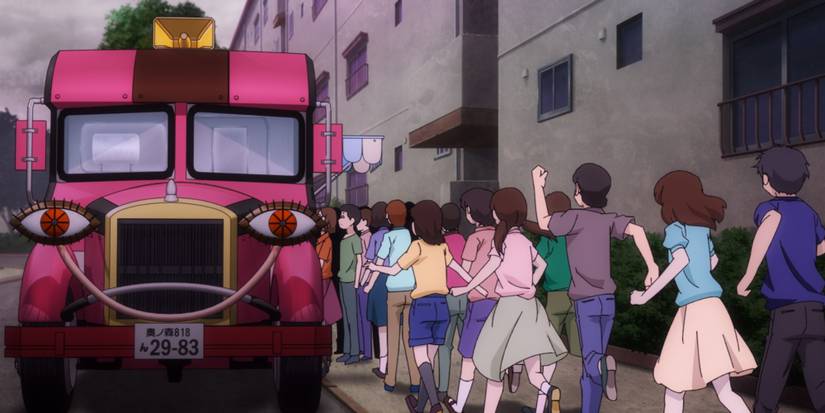 Anime - children lining up at a pink ice cream truck with cartoon eyes