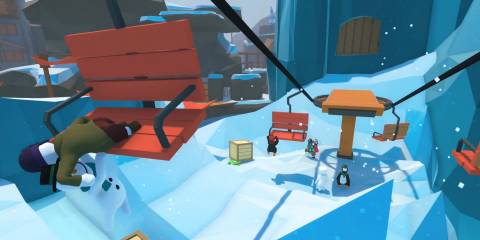 Humans hanging off of a ski lift in Human Fall Flat