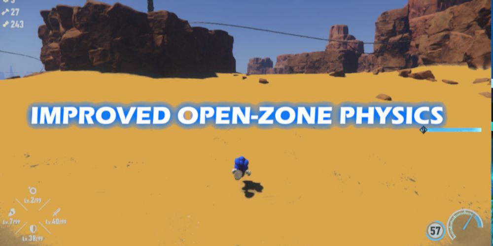 Sonic running through a desert. The text reads: "Improved Open Zone Physics." Image Source: gamebanana.com