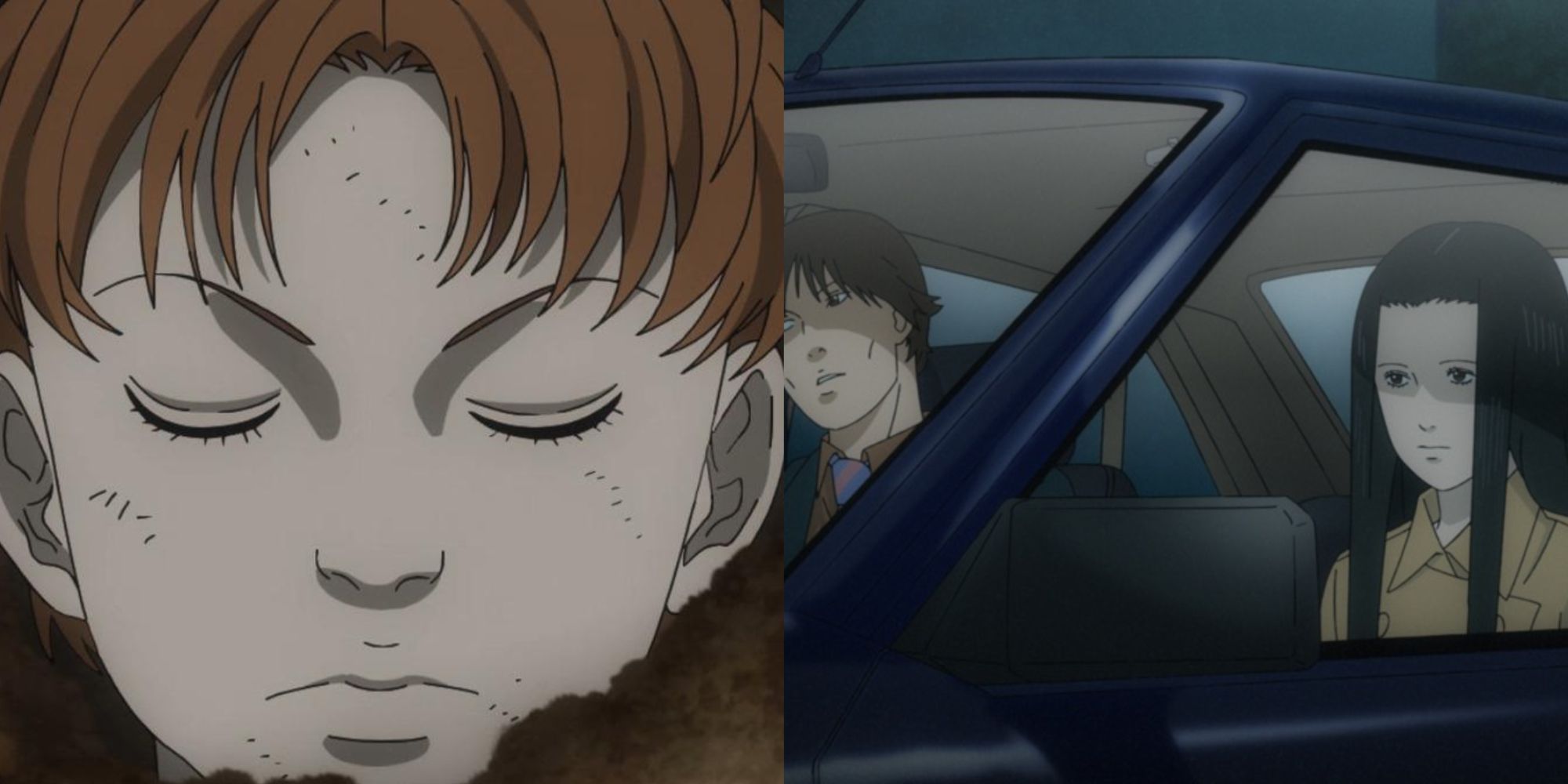 Anime - two way split grid of a close-up of a dead brown-haired boy, and a dismal couple sitting in a car