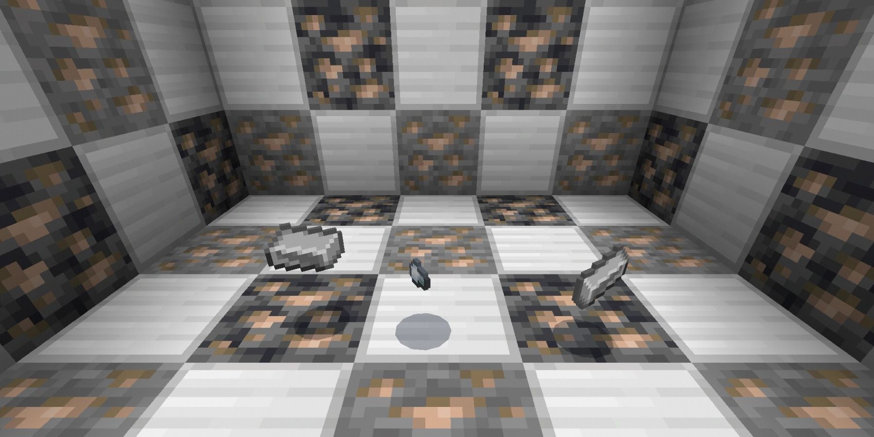 Minecraft iron ingots and an iron nugget in a room of iron blocks and ore