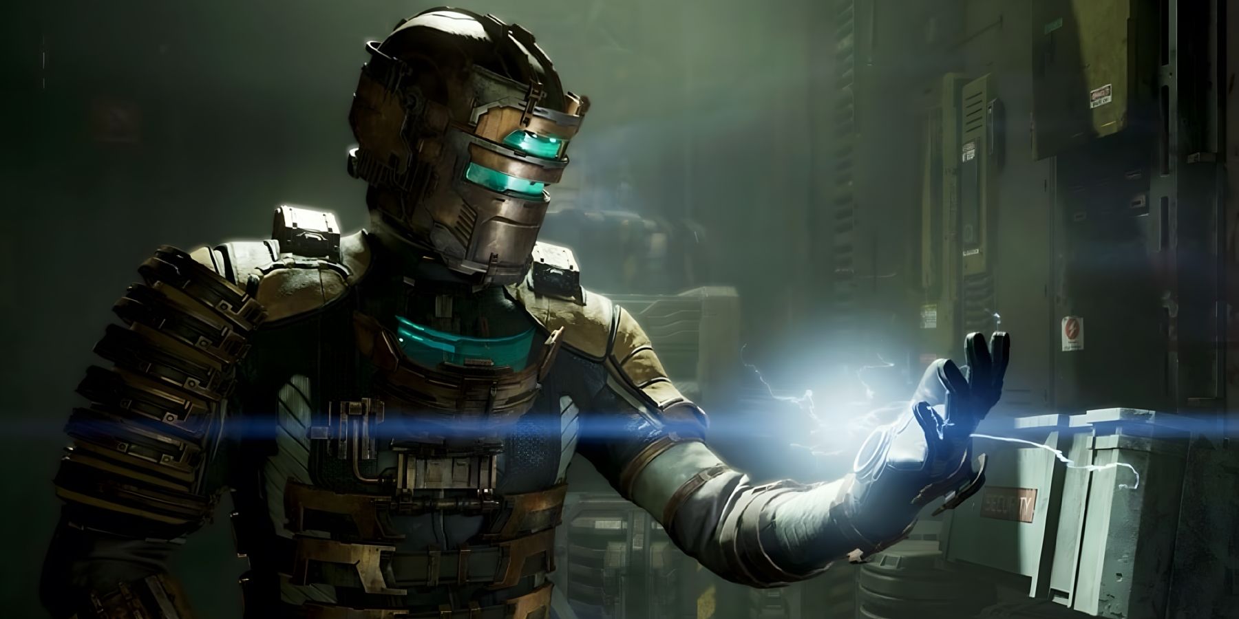 A screenshot of Isaac Clarke touching an electrical panel in the Dead Space remake