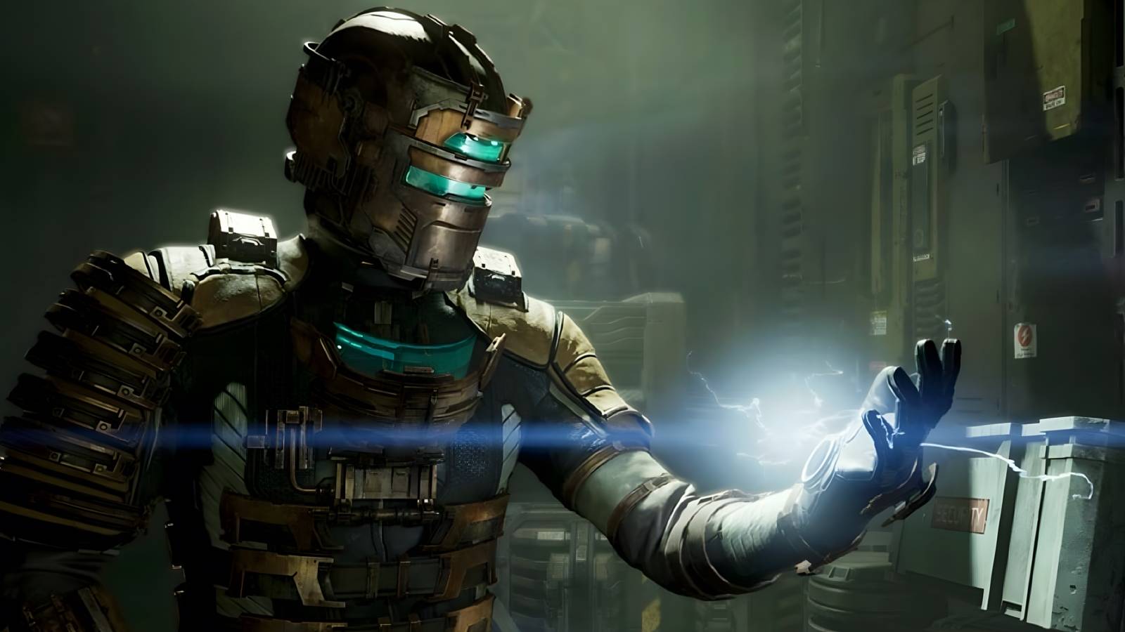 A screenshot of Isaac Clarke touching an electrical panel in the Dead Space remake