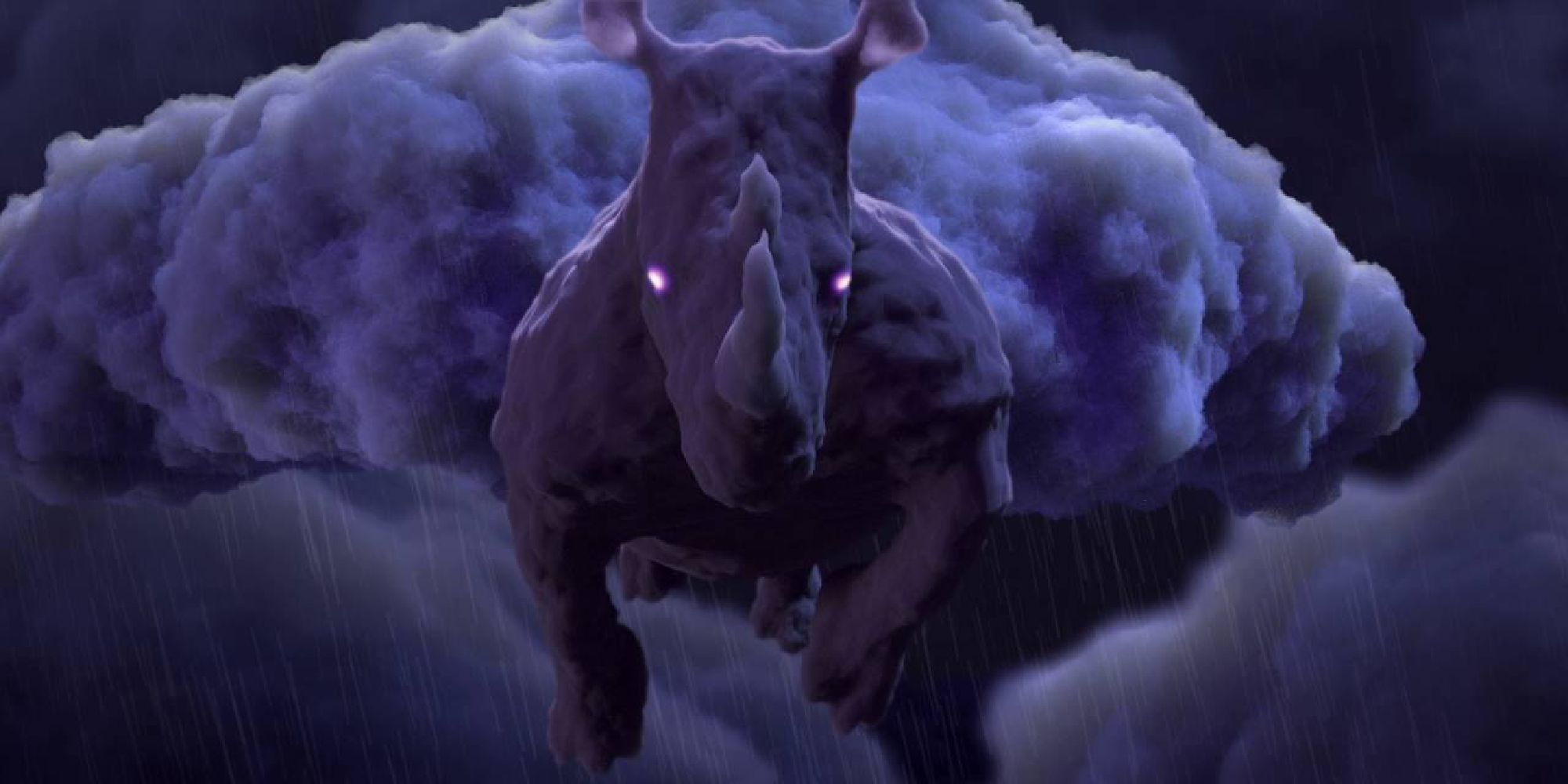 The cloud-like rhino charging forward with glowing eyes.