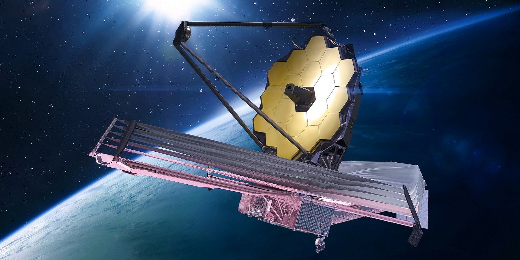 Rendered image of the James Webb telescope floating in space with a planet in the background.
