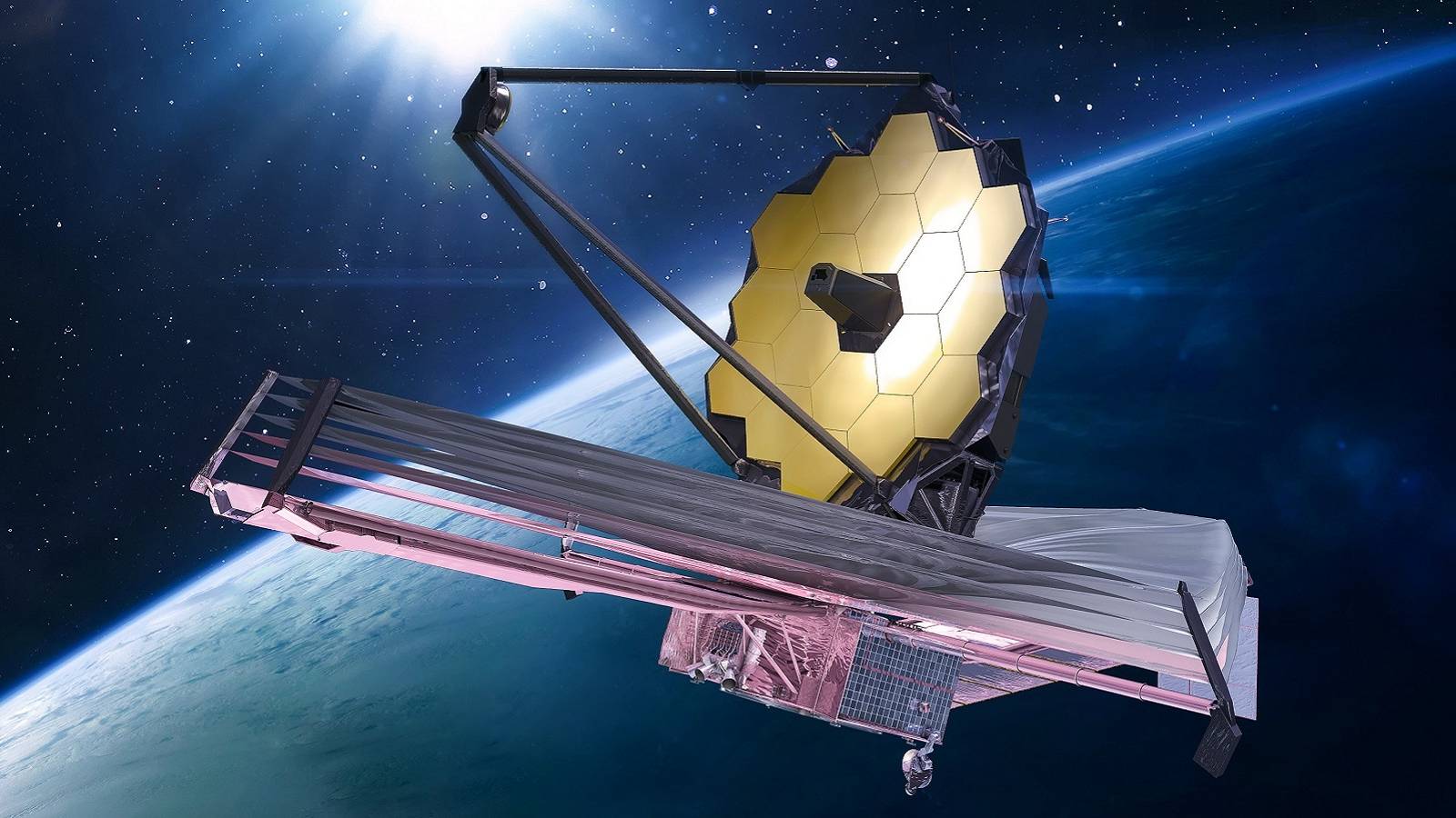 Rendered image of the James Webb telescope floating in space with a planet in the background.