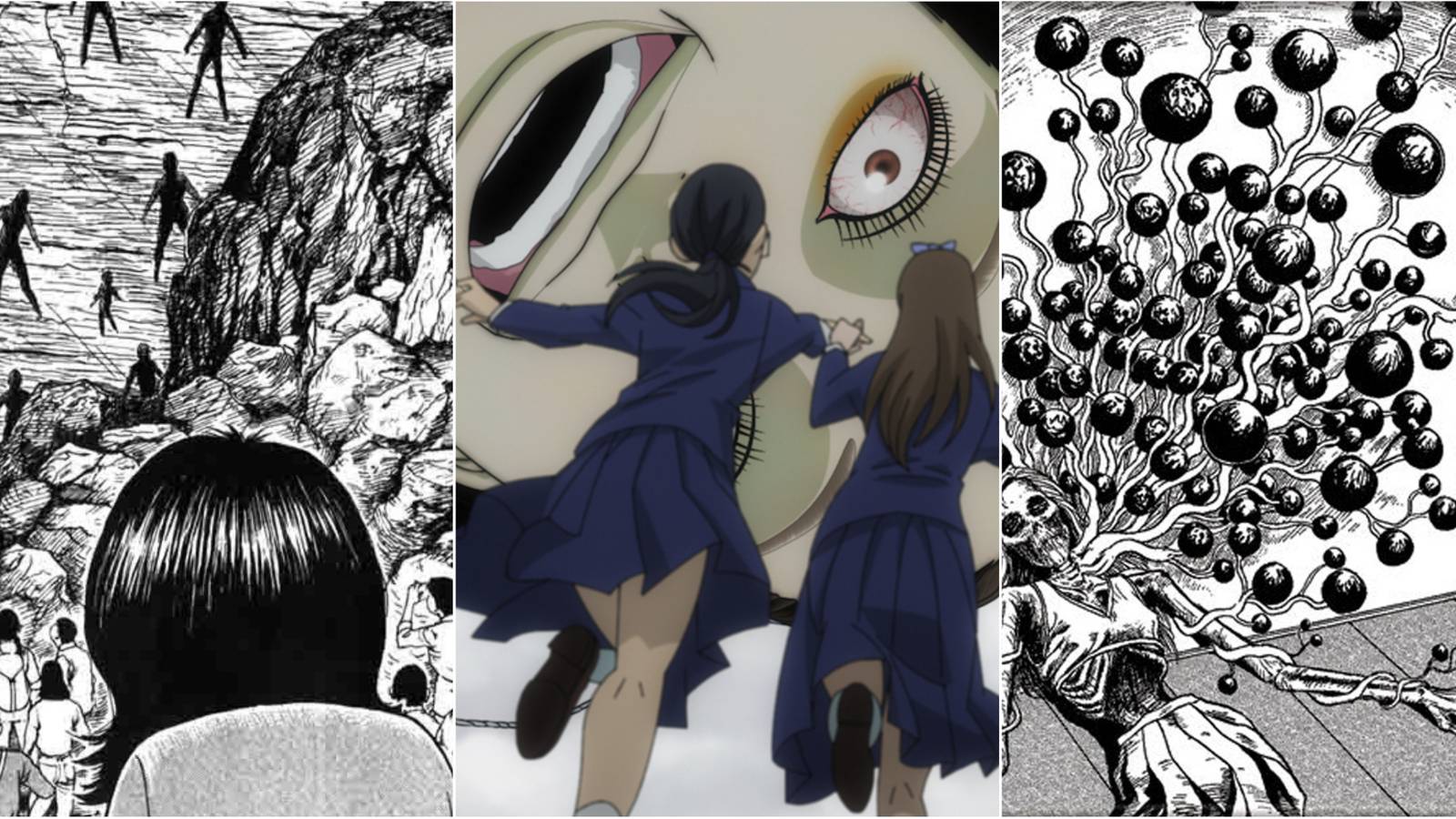 Three way split grid of Junji Ito short stories
