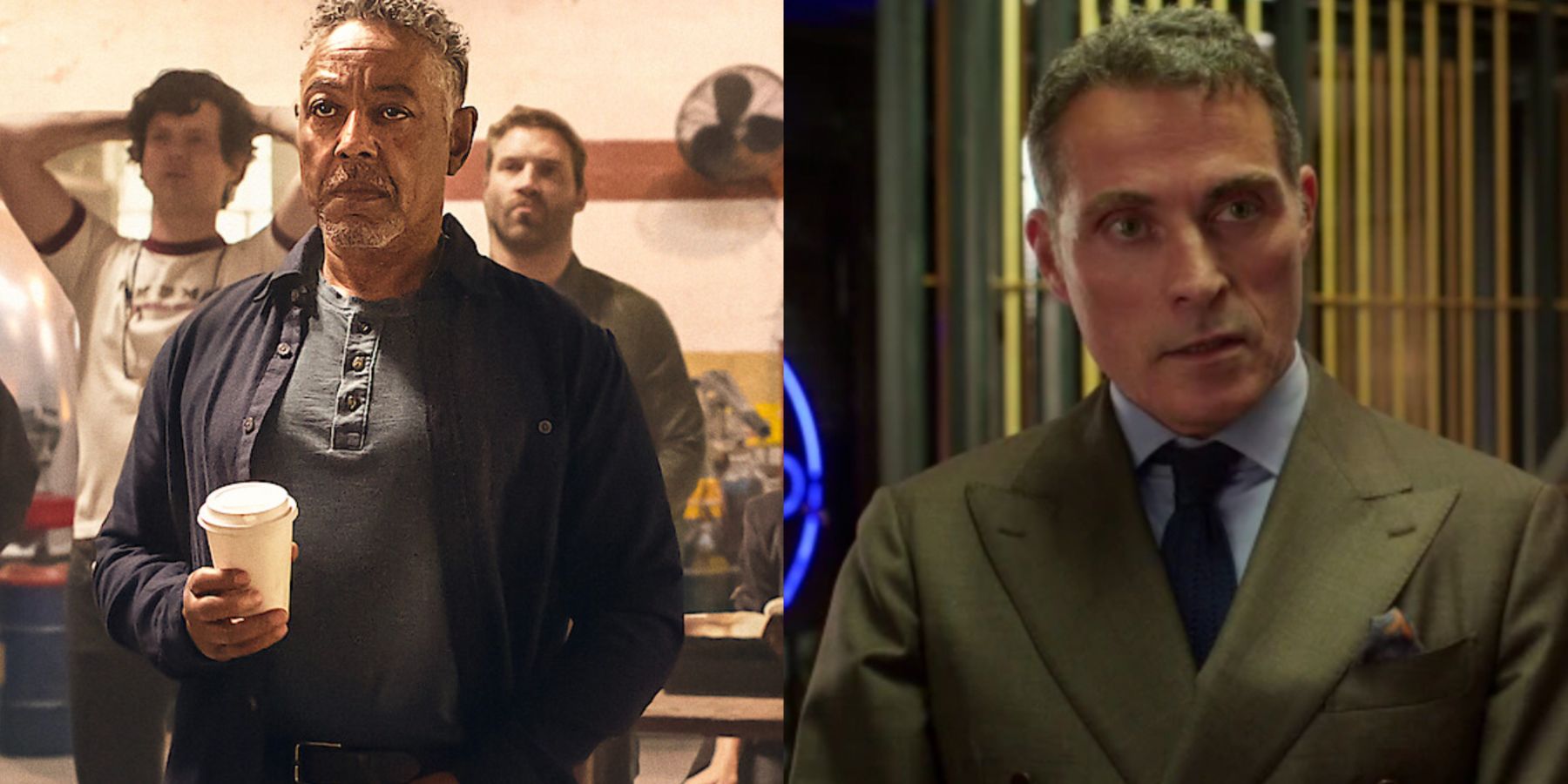 A split image features Giancarlo Esposito and Rufus Sewell in Kaleidoscope