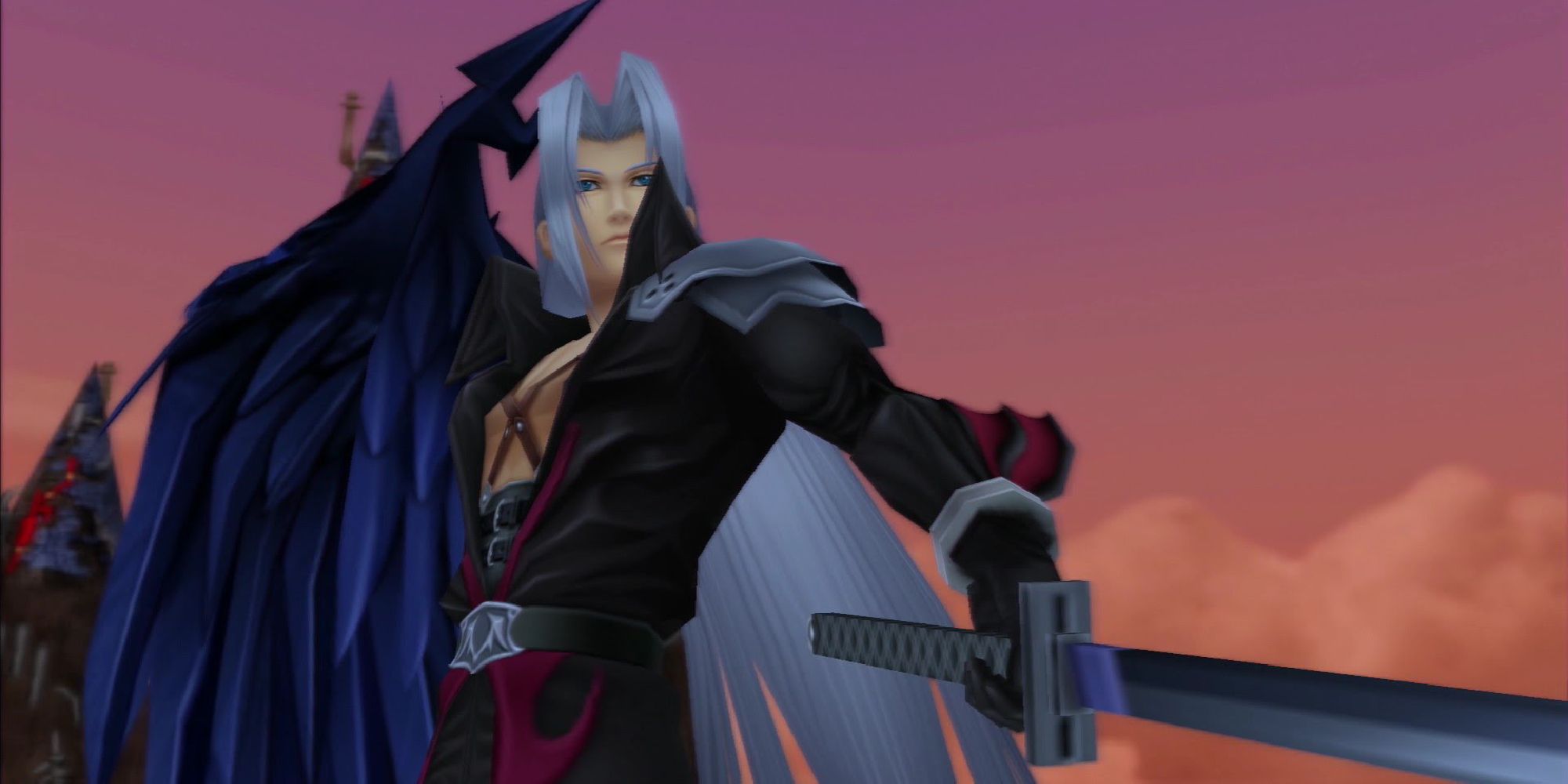 Sephiroth sporting his looks from the Kingdom Hearts series, wielding a katana.