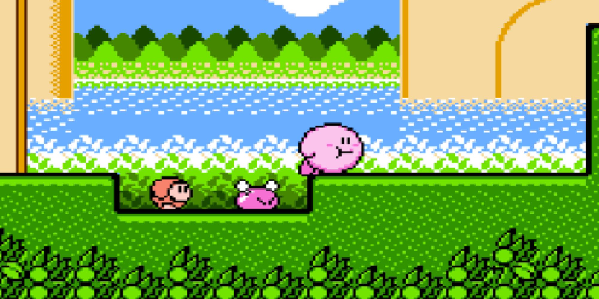 A puffed up Kirby on the ground in Kirby's Adventure
