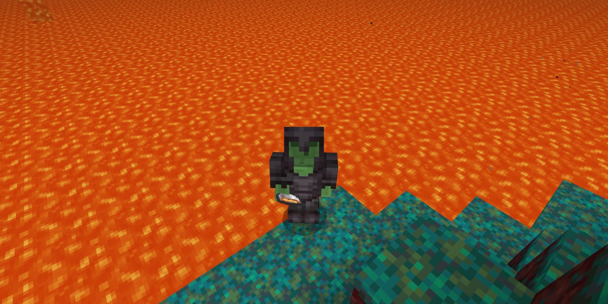 A player standing next to lava holding a lava bucket in Minecraft