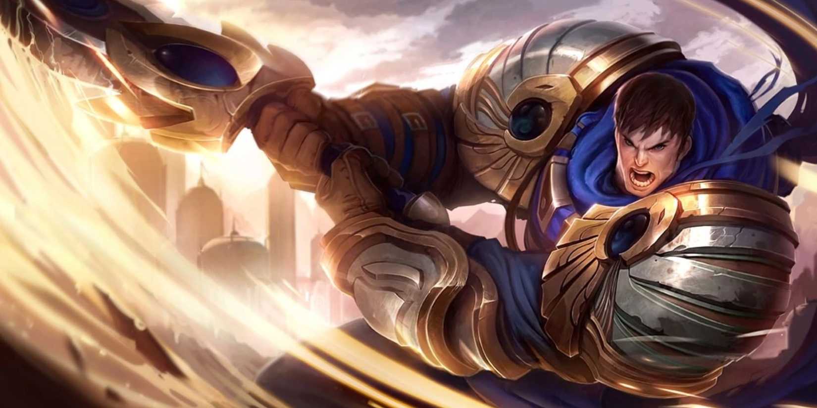 Garen spins with his giant sword in his League of Legends splash art.