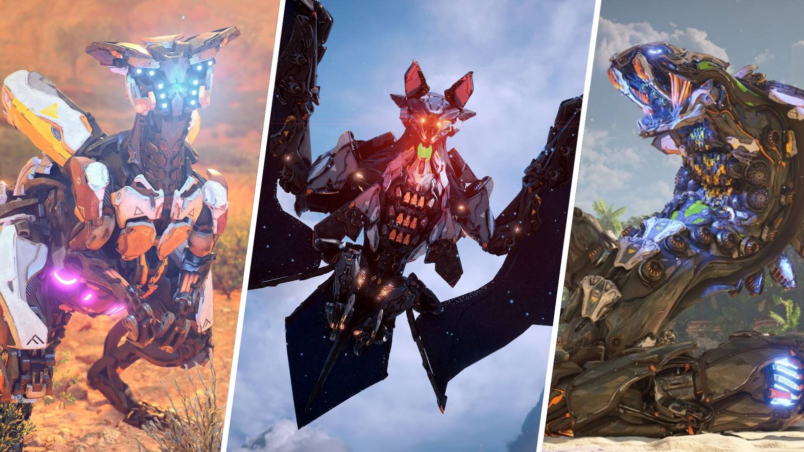 Leapleasher, Dreadwing, and Slitherfang in Horizon Forbidden West