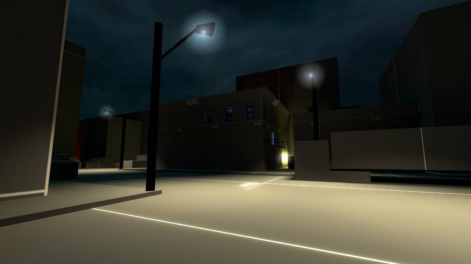 Image from a Left 4 Dead protototype showing a bland street area at night.