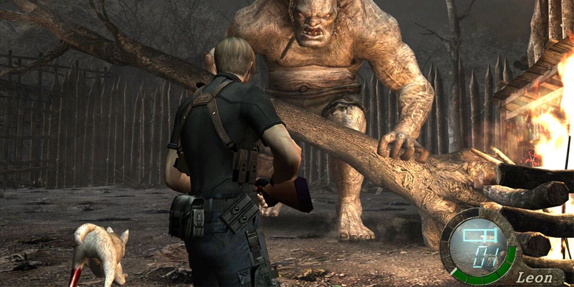 Leon fights an El Gigante Troll in Resident Evil 4