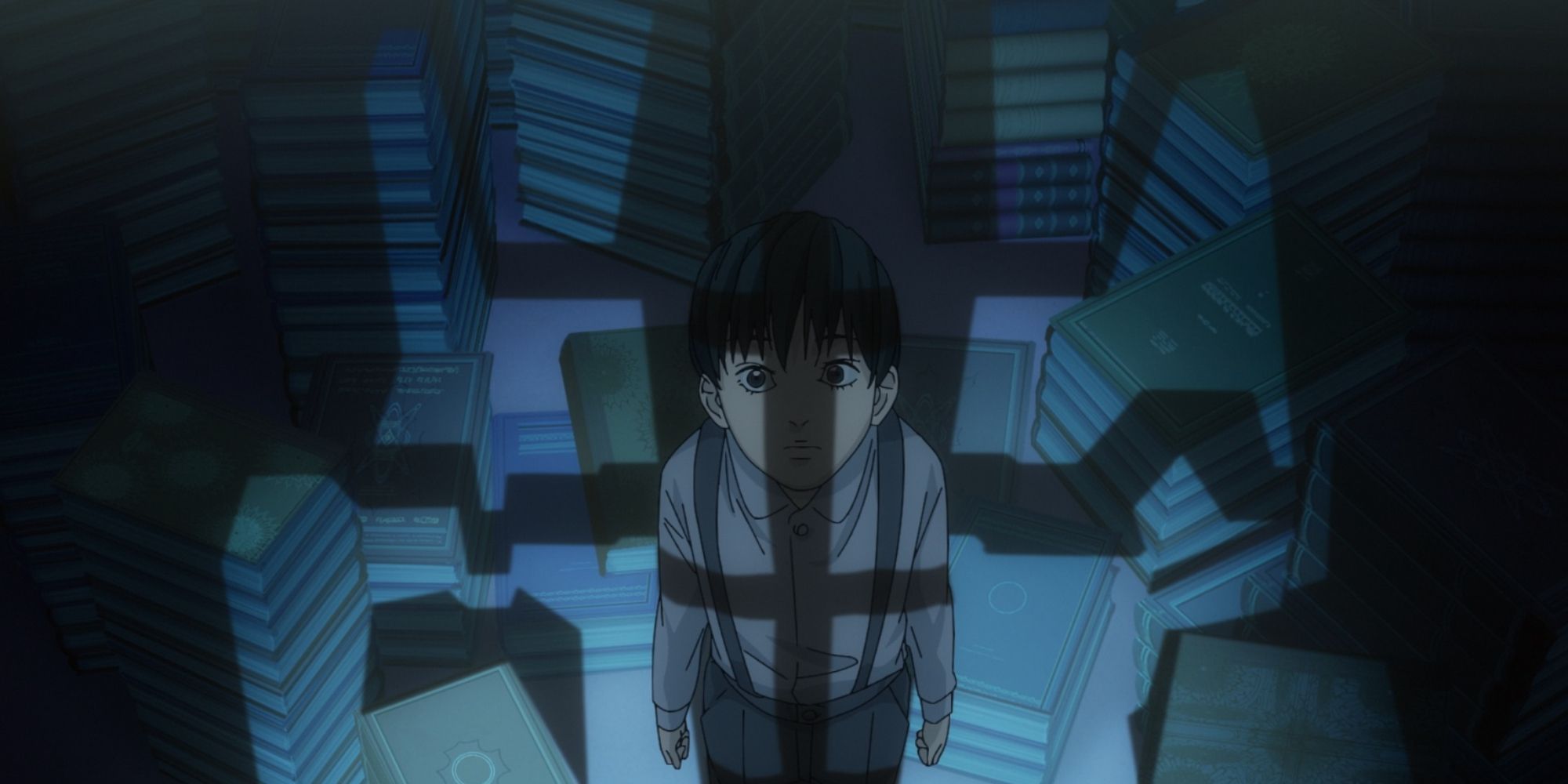 anime- a young boy cast in shadow and surrounded by books