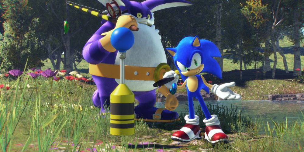 Sonic (right) and Big the Cat (left), a large purple cat, by the lake. Sonic is wearing his crystal ring and lightspeed shoes. He is holding a fishing rod. Image source: gamebanana.com