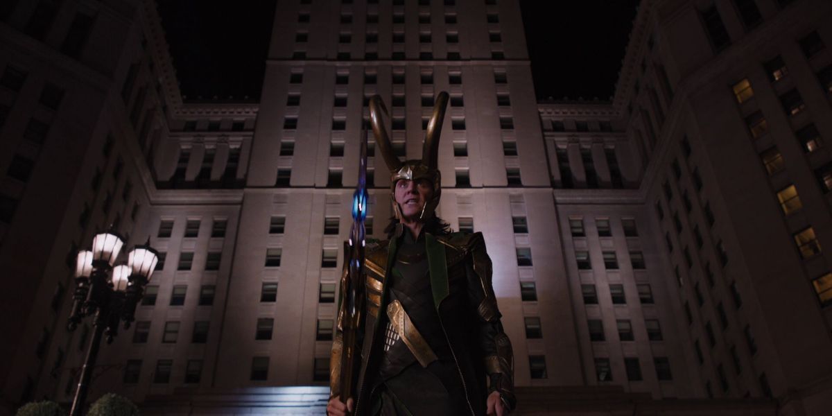 Loki wearing his costume with golden helmet in Avengers 1