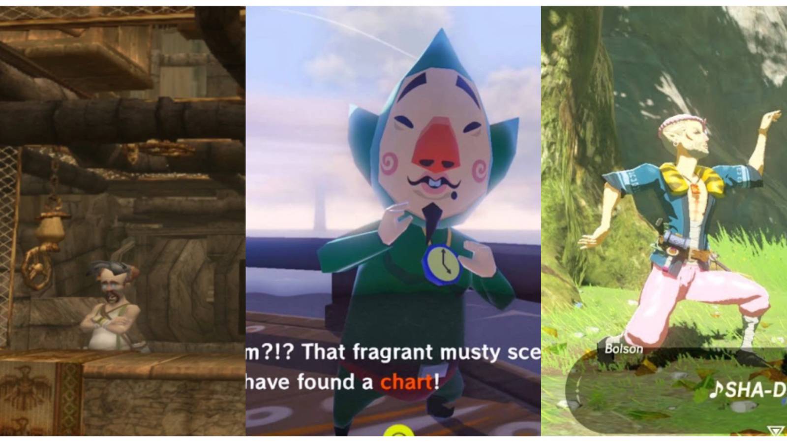 split image of Barnes, Tingle, and Bolson from The Legend of Zelda franchise