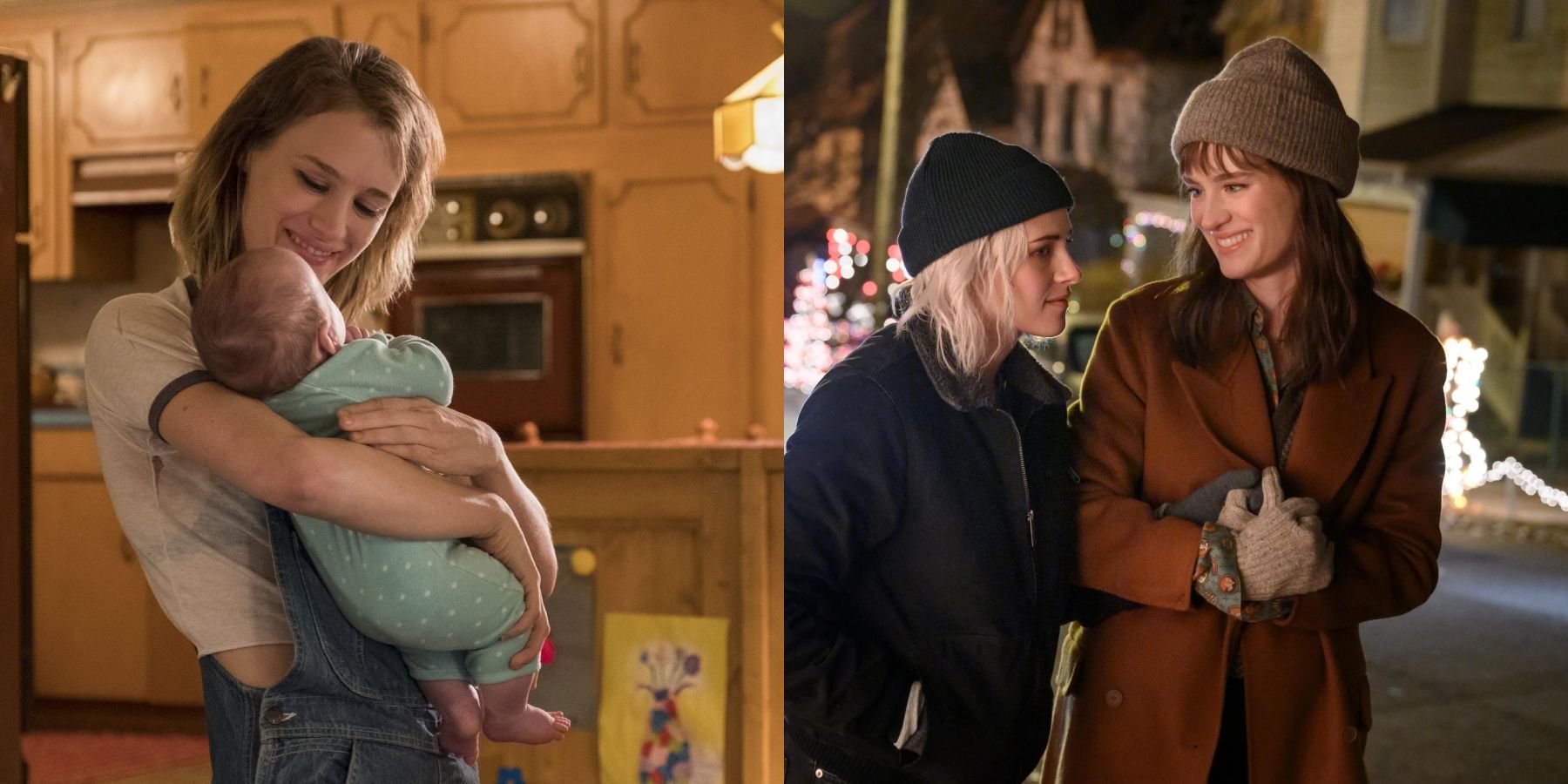 Split image of Mackenzie Davis holding a baby in Tully and with Abby (Kristen Stewart) in Happiest Season
